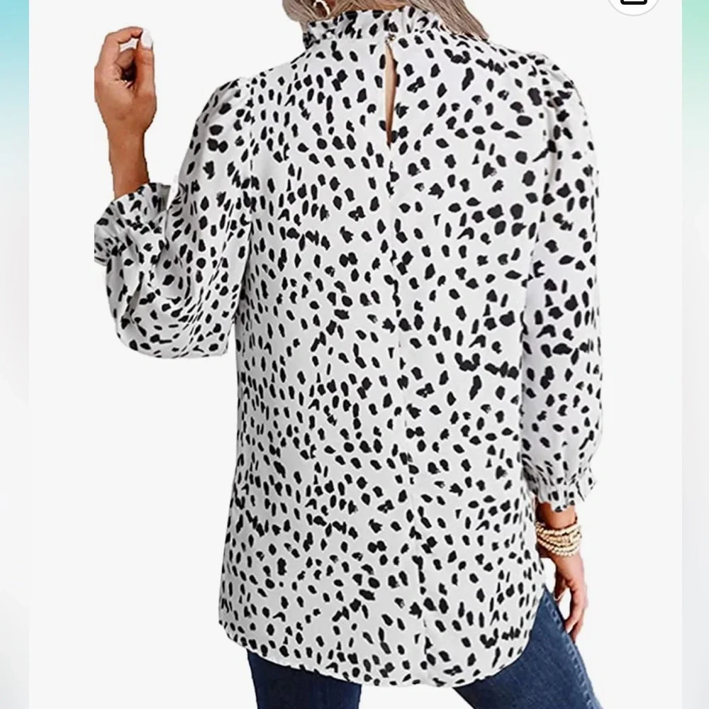 Avanova Women's Leopard Printed Ruffle Hem Long Sleeve Mock Neck Blouses Top - Picture 10 of 12